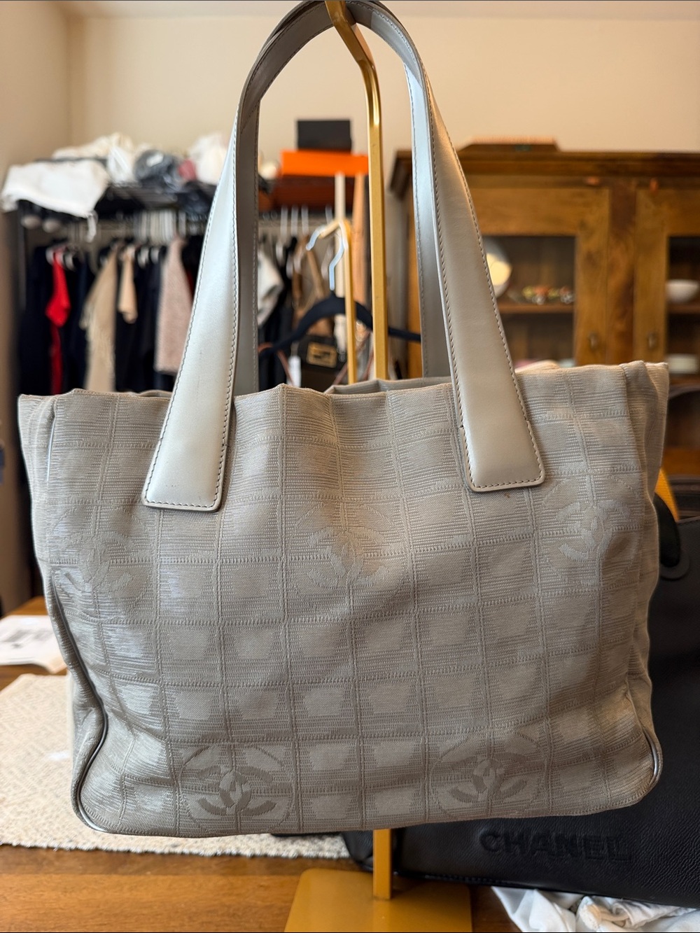 CHANEL Gray Quilted Canvas and Leather Tote